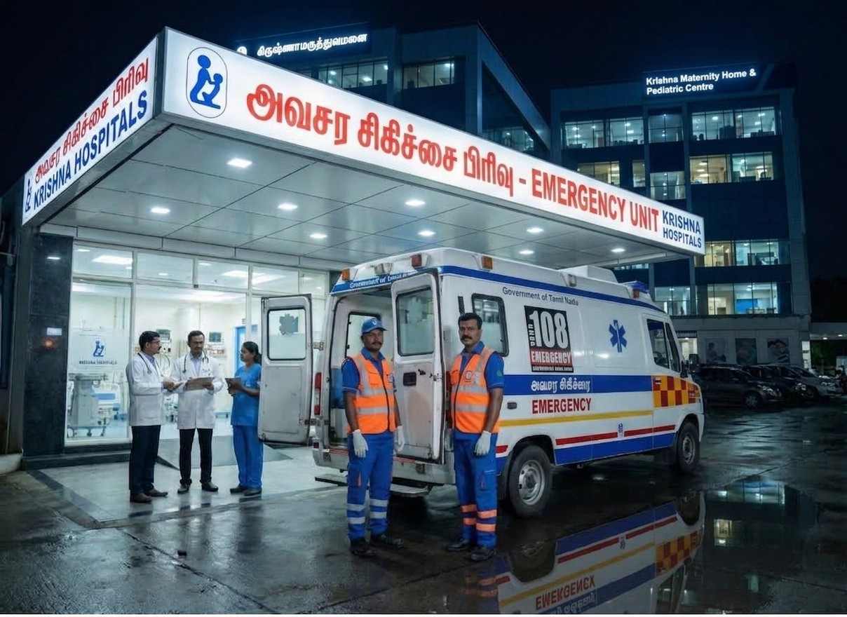 24-hour accident and emergency care ambulance at Krishna Hospital, Tirunelveli