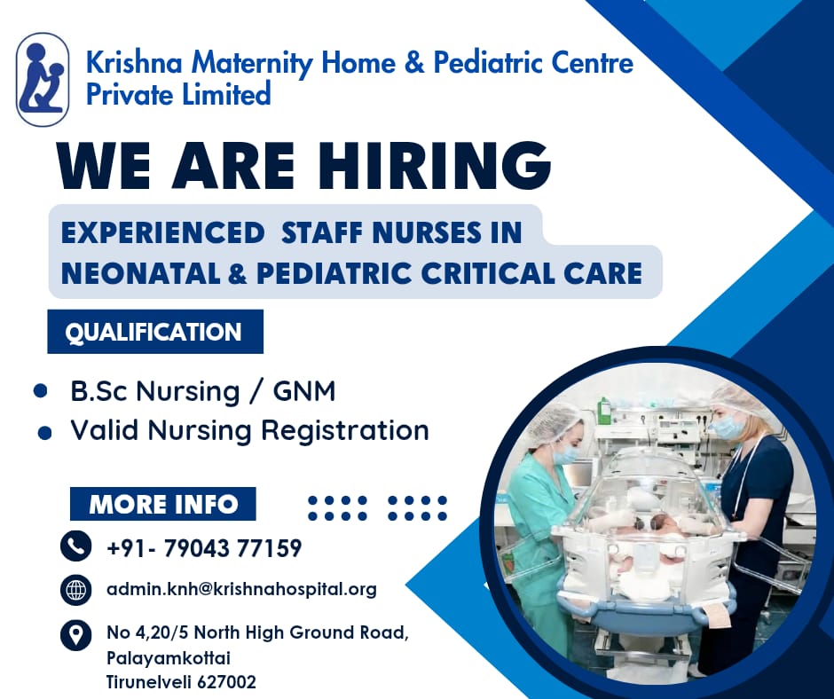 Careers recruitment poster for Krishna Maternity Home and Pediatric Centre, Tirunelveli