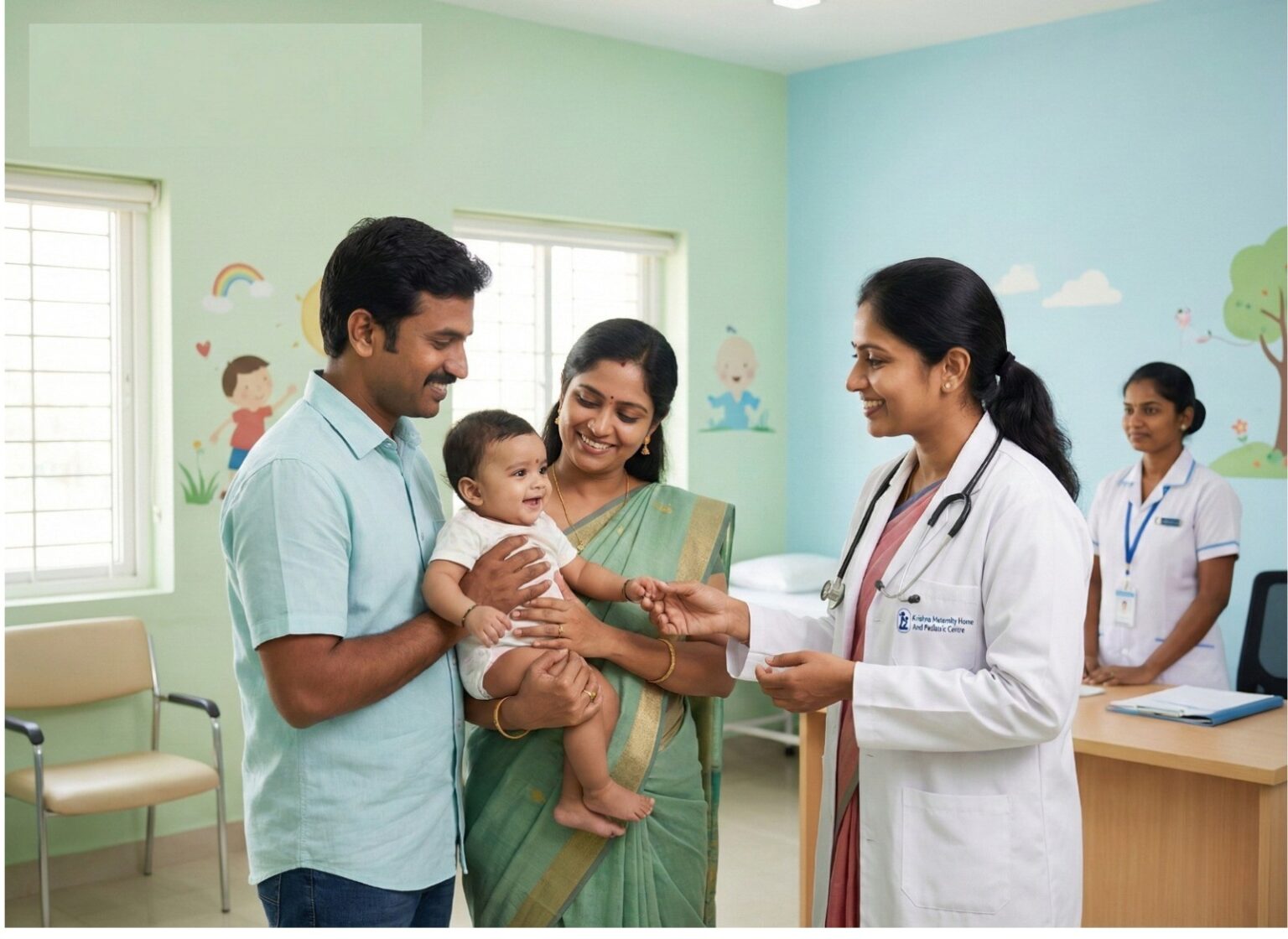 Pediatrician with a happy child at Krishna Hospital's Child Care & Immunisation Centre, Tirunelveli
