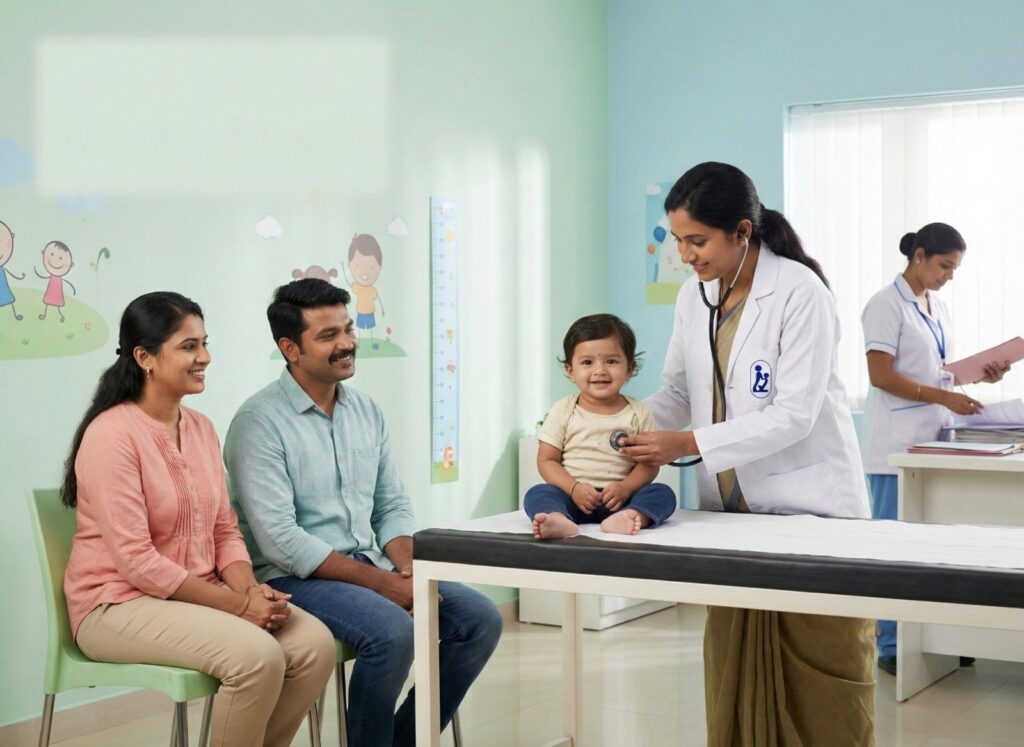 Pediatrician comforting a young patient at Krishna Hospital, Tirunelveli