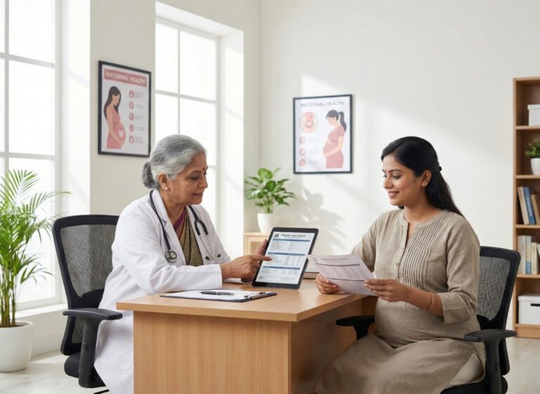 Doctor providing emotional support and clear communication to a high-risk pregnancy patient at Krishna Hospital, Tirunelveli