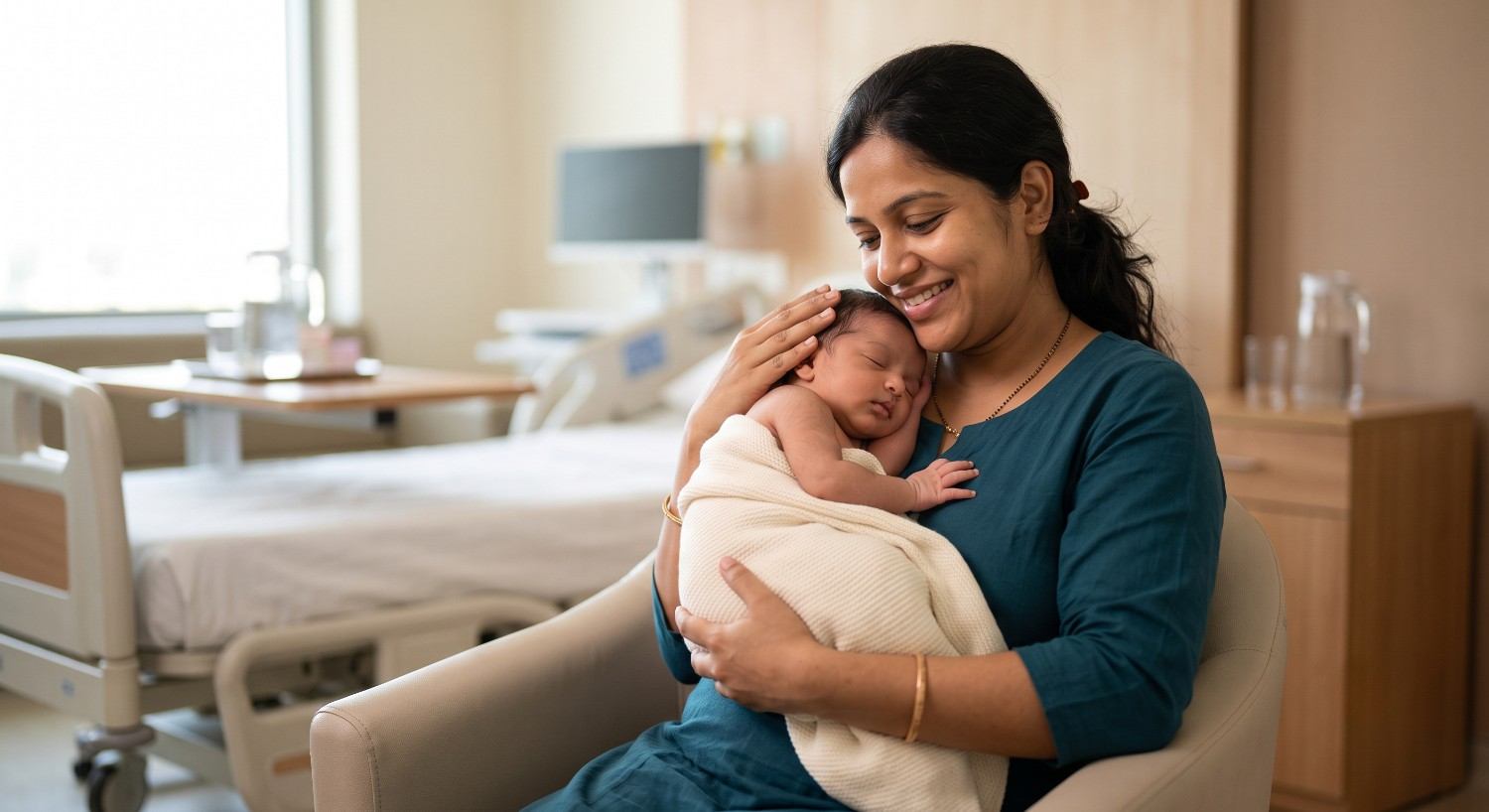 Mother holding her newborn baby close — Krishna Hospital maternity care