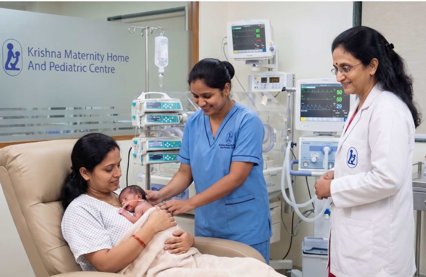 Intensive care unit monitoring screen showing vital signs at Krishna Hospital, Tirunelveli