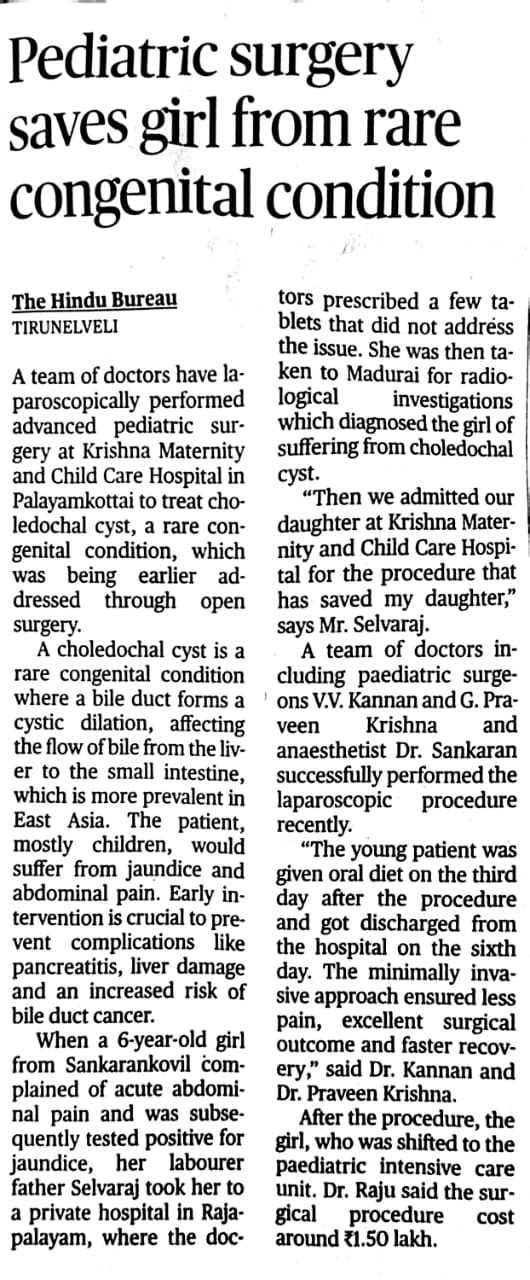 The Hindu newspaper clipping reporting a successful pediatric laparoscopic surgery at Krishna Hospital, Tirunelveli