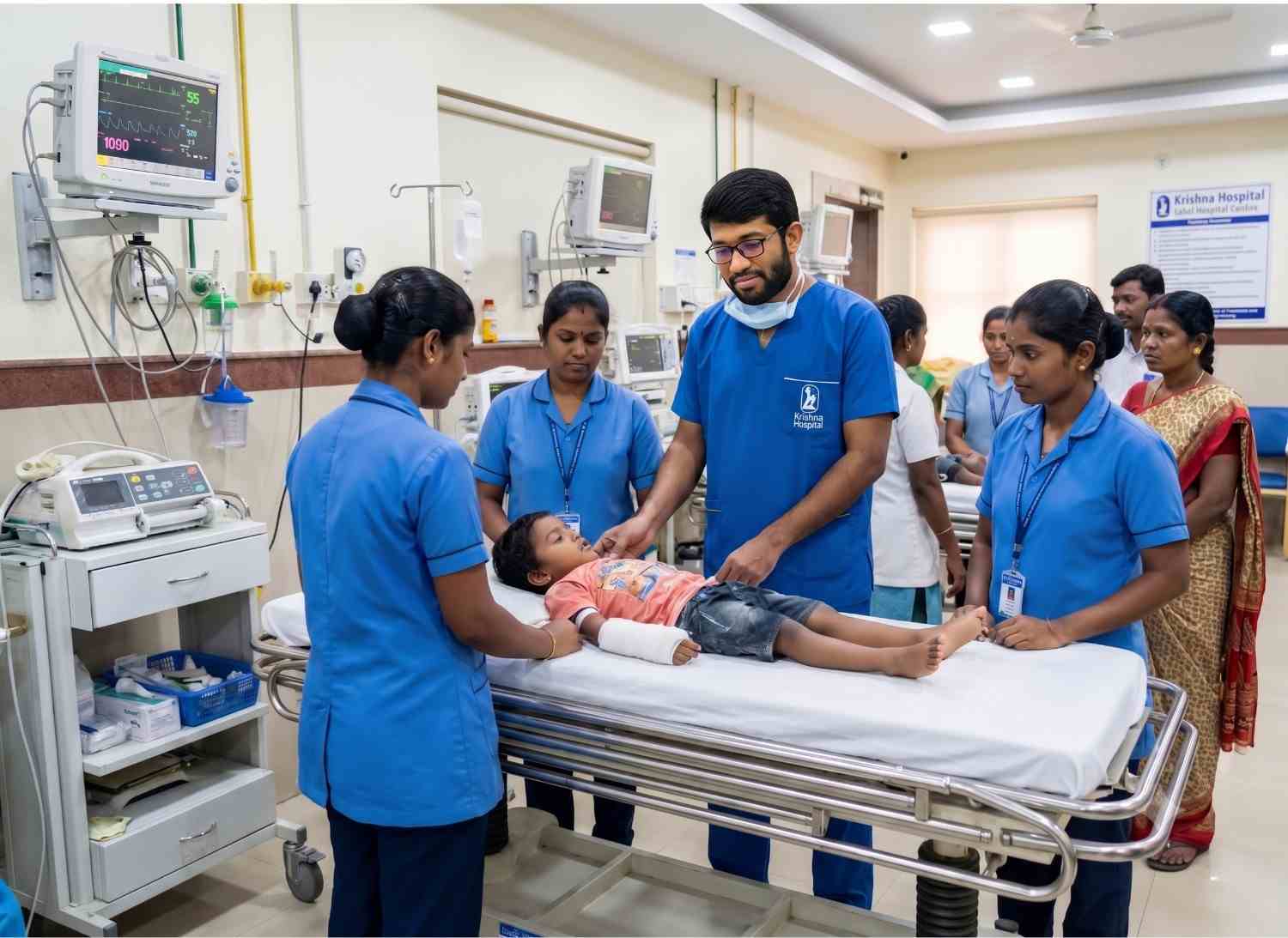 Pediatric specialist conducting an examination at Krishna Hospital, Tirunelveli