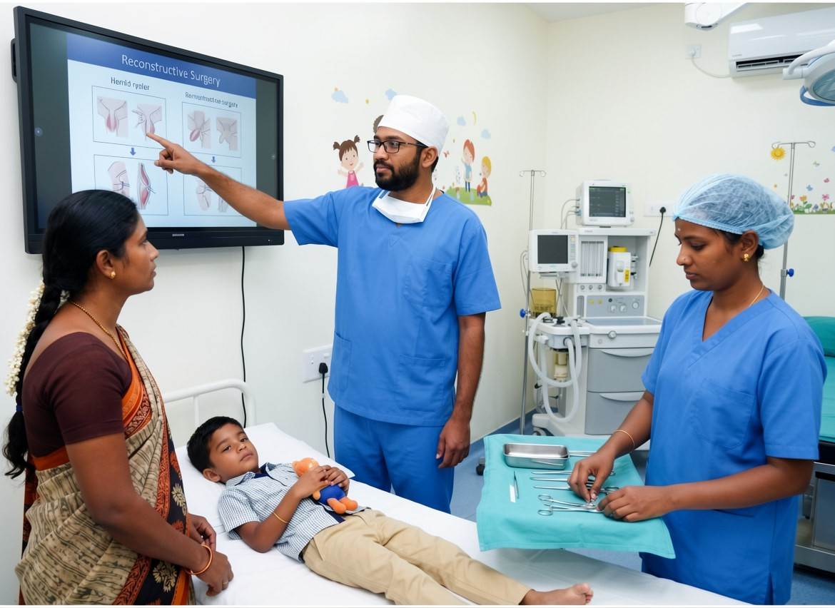 Doctor communicating supportively with a patient's parents at Krishna Hospital, Tirunelveli