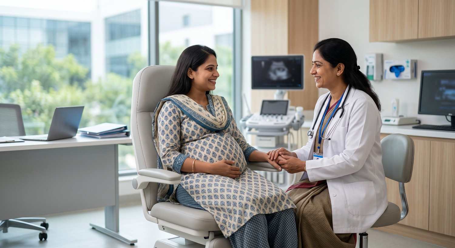 Expectant mother receiving pregnancy care consultation