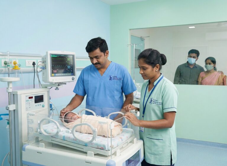 Nurse caring for a premature baby in an incubator at Krishna Hospital's Sick Newborn & Pre-Term Unit, Tirunelveli