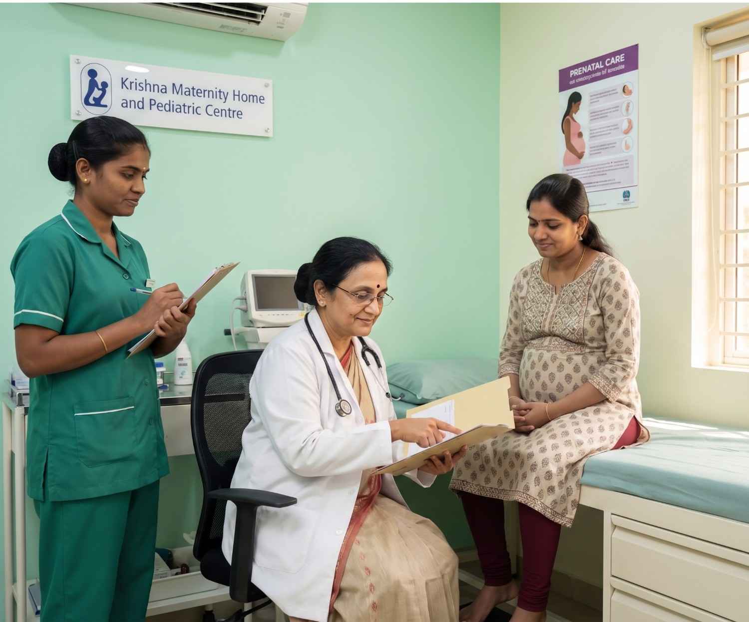 Doctor consulting compassionately with a hopeful patient at Krishna Hospital's Maternity & Infertility Clinic, Tirunelveli
