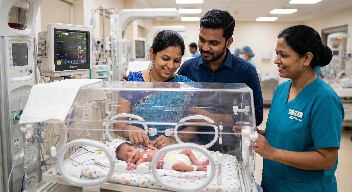 Neonatal healthcare professional monitoring a newborn in the NICU while a parent observes nearby