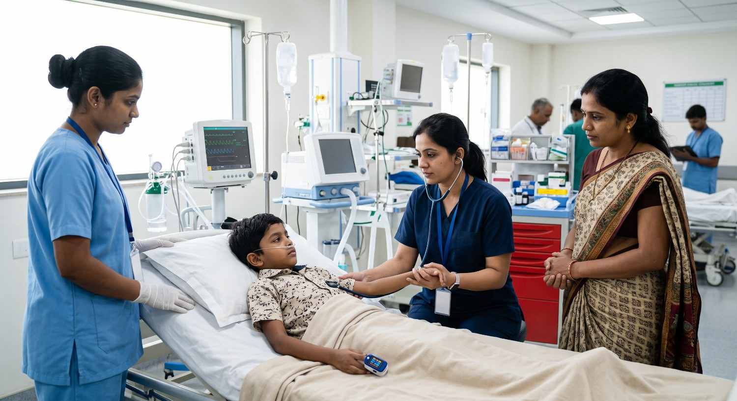 Pediatric healthcare professional monitoring a child during an emergency assessment