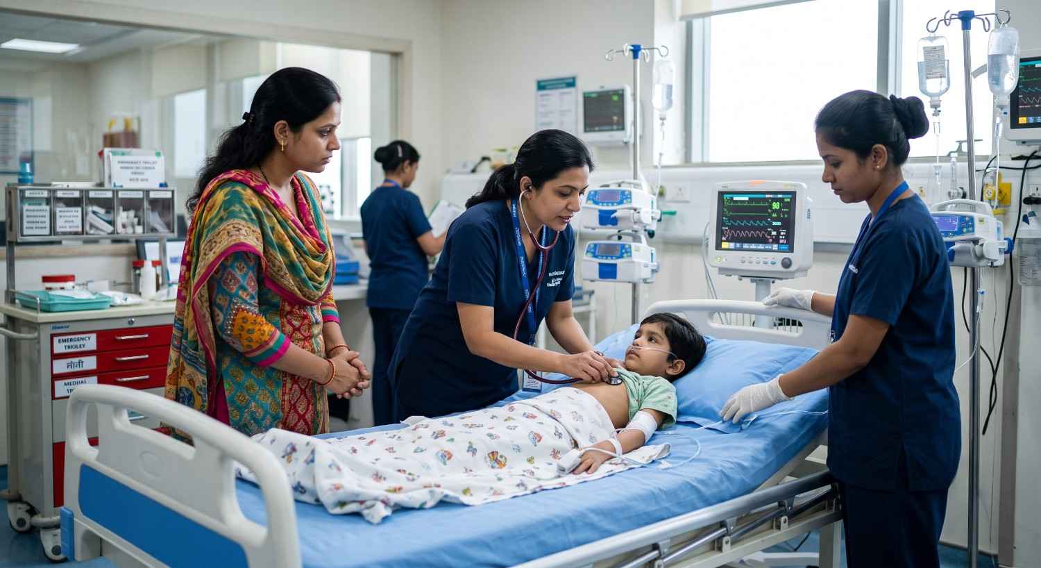Pediatric healthcare professional assessing a child during an emergency consultation